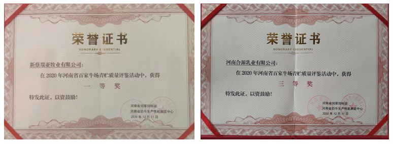 榮譽 | “百家牛場青貯質(zhì)量評鑒活動”花花牛新蔡瑞亞牧業(yè)、河南合源乳業(yè)分別榮獲一、三等獎
